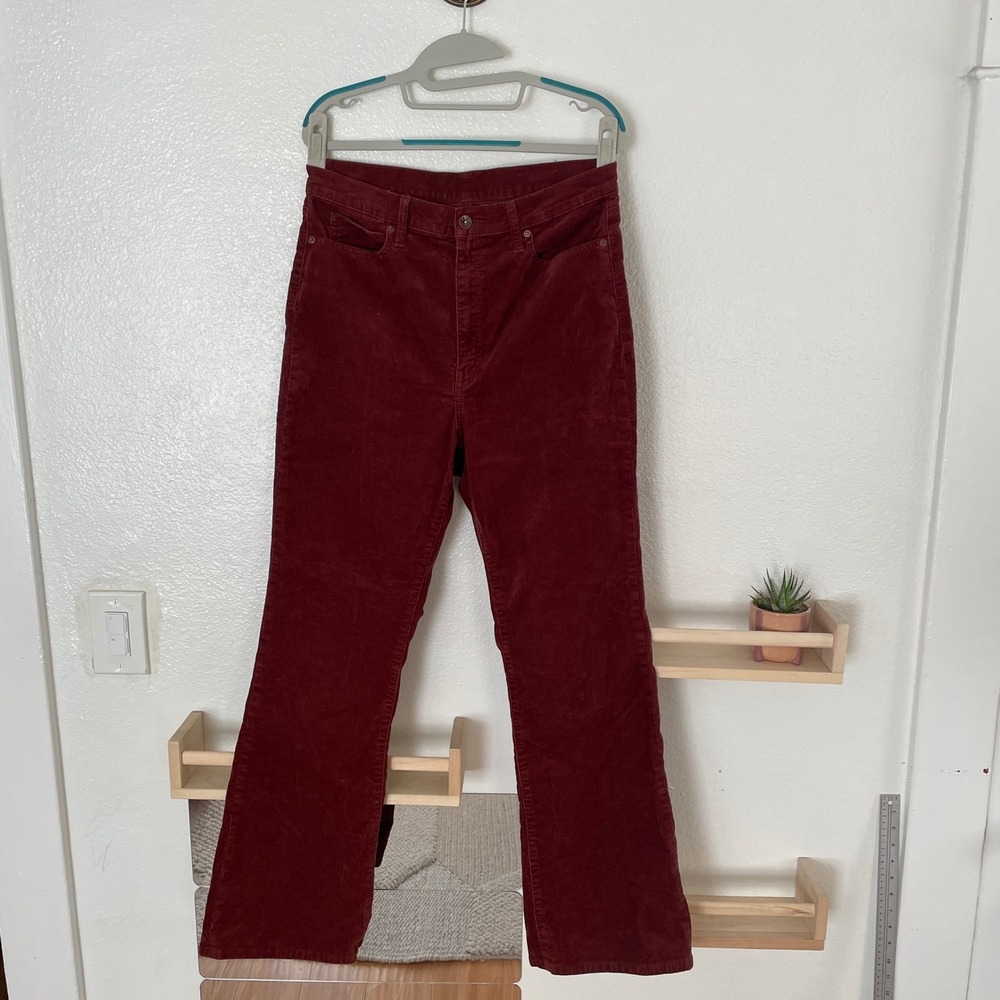 Uniqlo Womens Corduroy High Waist Flare Pants Burgundy Wine Red Size 12‎
